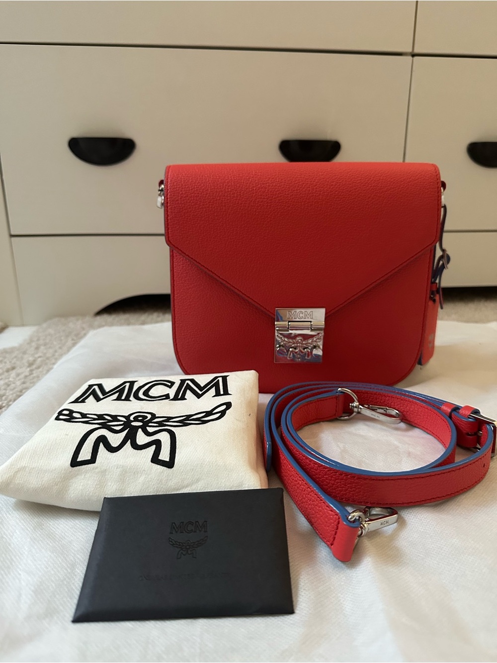 MCM Red Leather Envelope Crossbody with Silver Hardware